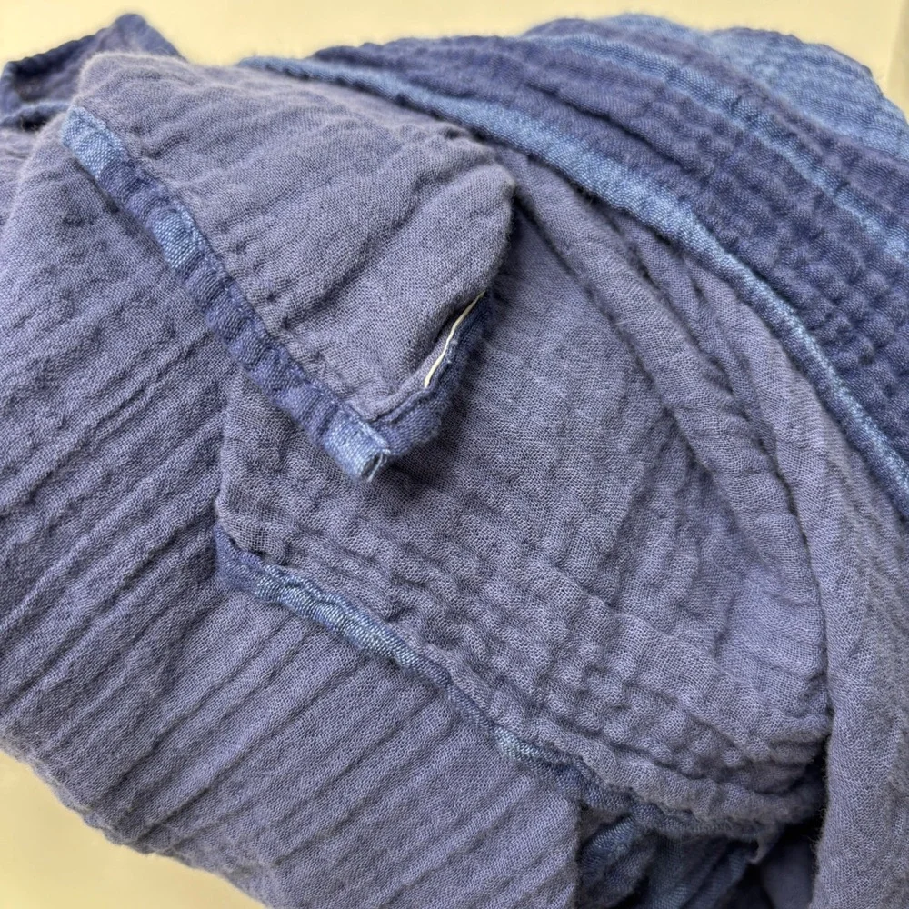 LL Bean Blue Striped Double Gauze Open Front Wrap Poncho Shawl Reversible OS